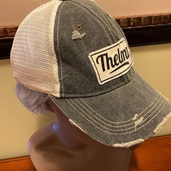 Dark gray & cream distressed “Thelma” cap. - Picture 1 of 7